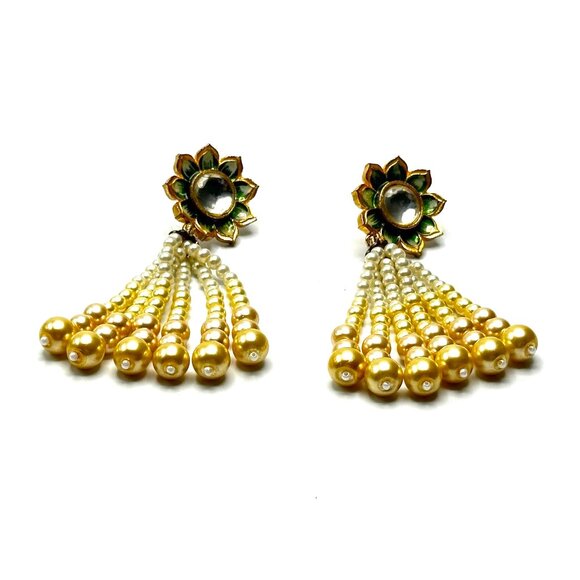 Vintage Indian Meenakari Pearl Tassel Earrings & Kundan Ring—Statement Set—EUC - Picture 5 of 14